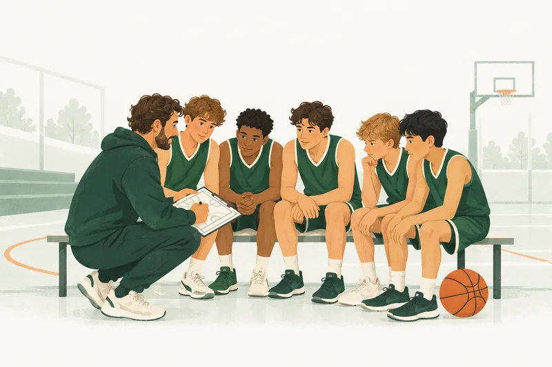 Illustratie van een coach die de tactiek bespreekt met vijf jeugdspelers in groene basketbaltenues