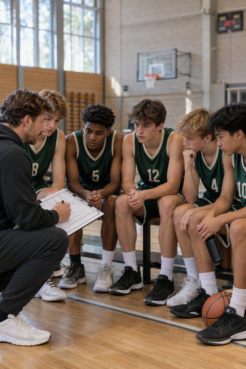 Een coach bespreekt de tactiek met vijf jongens van één basketbalteam in hetzelfde groene tenue