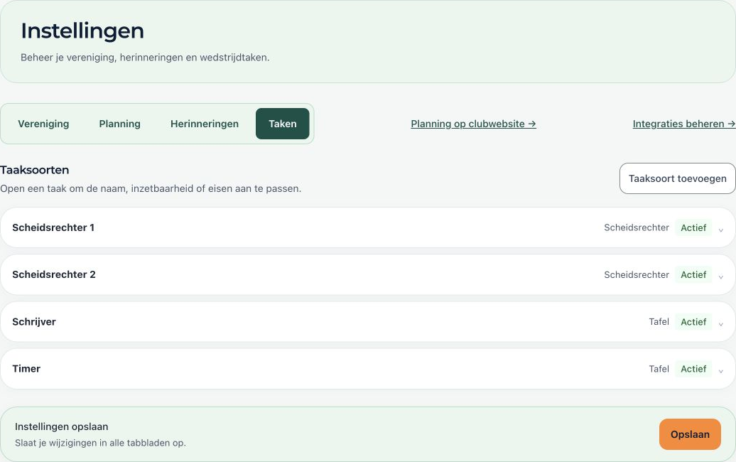 Het tabblad Taken met scheidsrechters, schrijver en timer en hun actieve status